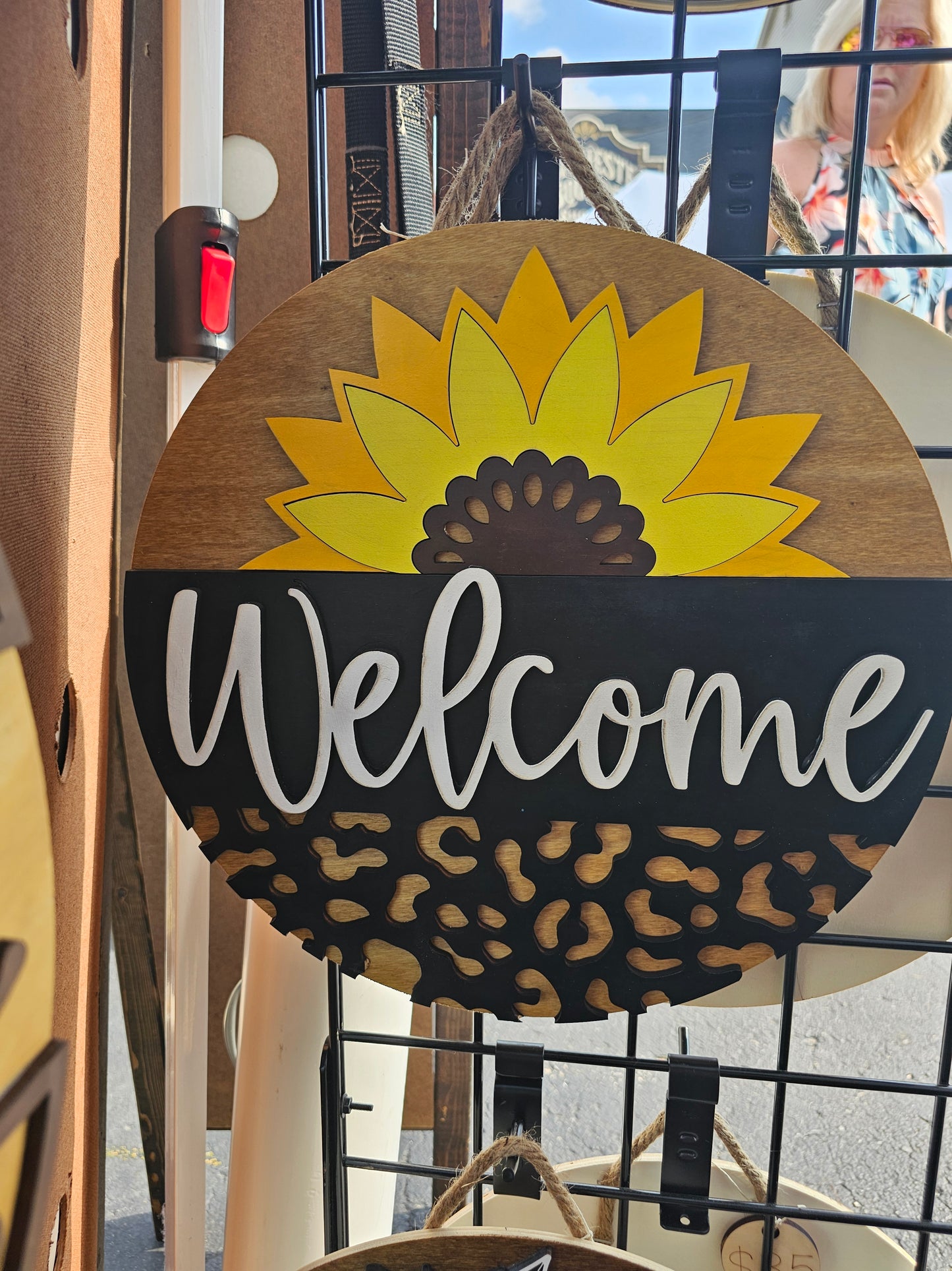 Cheetah Sunflower Welcome Wooden Door Hanging Sign