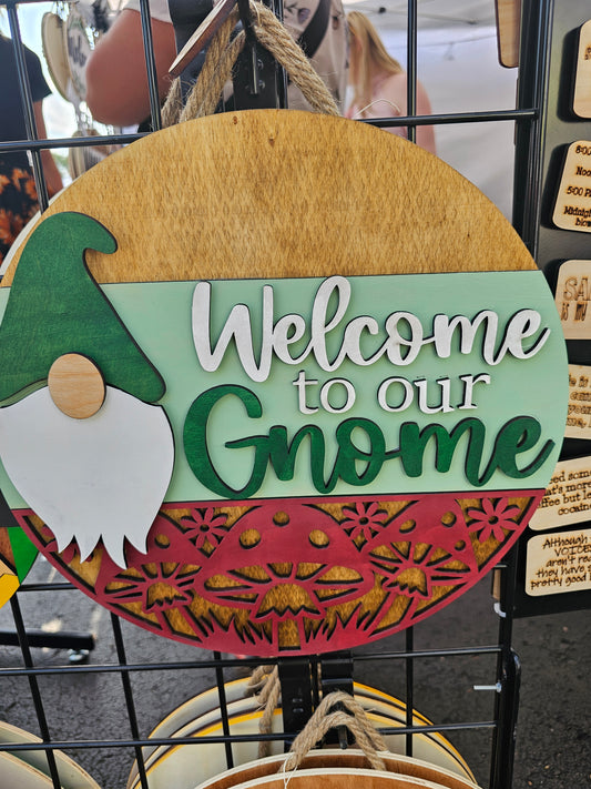 Welcome to our Gnome Wooden Door Hanging Sign