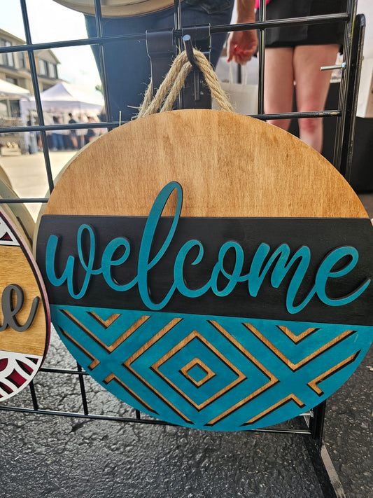 Welcome - Turqoise Wooden Door Hanging Sign