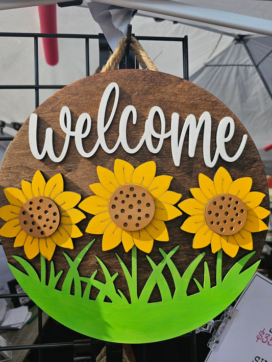 Welcome Sunflowers Wooden Door Hanging Sign