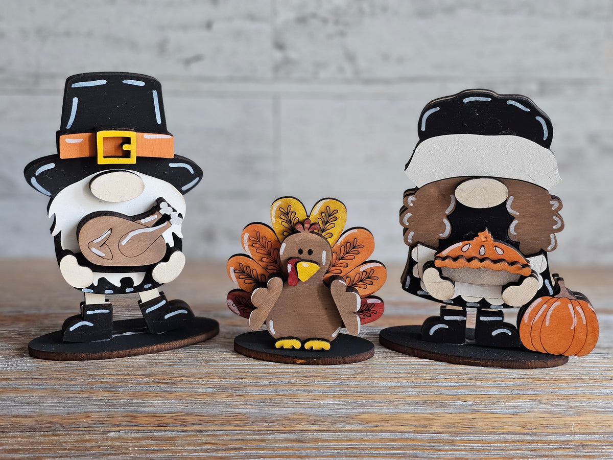 Thanksgiving Gnome Wooden Shelf Sitters - Pilgrims & Turkey