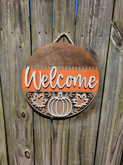 Fall Welcome Sign with Pumpkin and Leaves