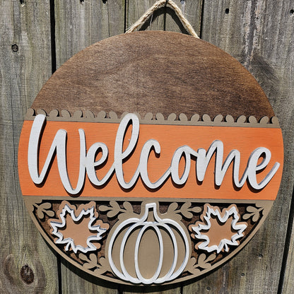 Fall Welcome Sign with Pumpkin and Leaves