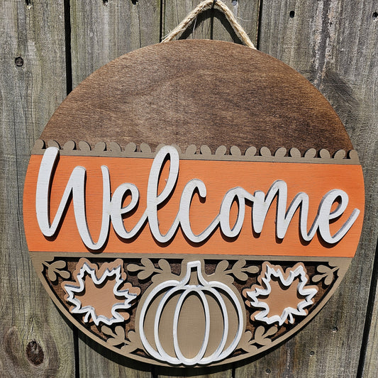 Fall Welcome Sign with Pumpkin and Leaves