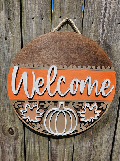 Fall Welcome Sign with Pumpkin and Leaves