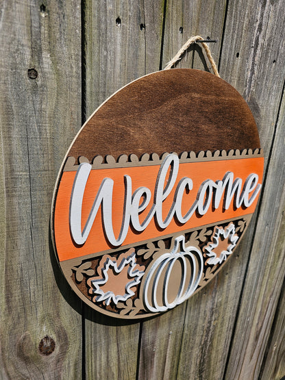 Fall Welcome Sign with Pumpkin and Leaves