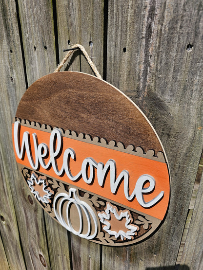 Fall Welcome Sign with Pumpkin and Leaves