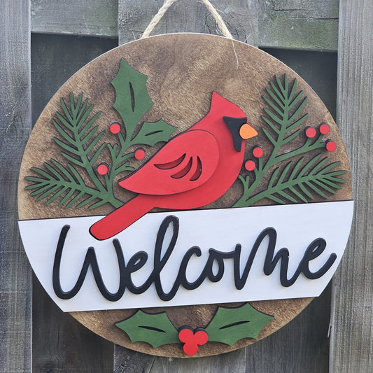 Cardinal Welcome - Wooden Door Hanging Sign