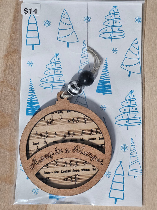 Away in a Manger Music Notes Wood Ornament - READY TO SHIP