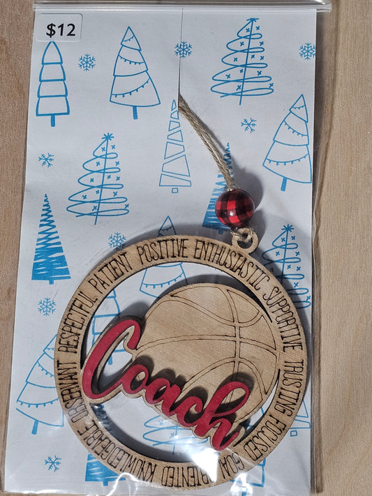 Basketball Coach RED Wood Ornament - READY TO SHIP