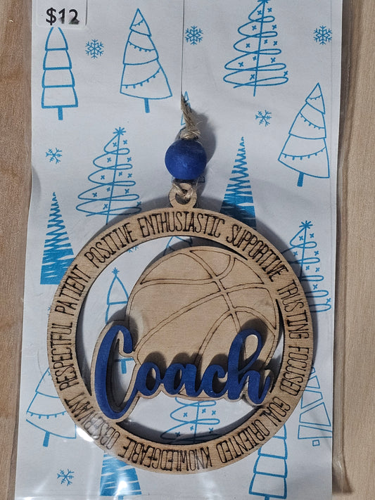 Basketball Coach BLUE Wood Ornament - READY TO SHIP