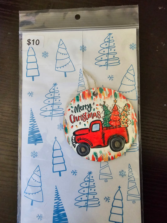 Merry Christmas Red Truck MDF Ornament - READY TO SHIP