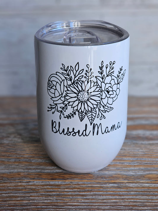 Blessed Mama Floral -Wine Metal Wine Tumbler with Plastic Lid