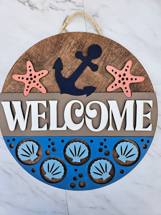 Welcome Starfish and Shells - Wood Door Sign - READY TO SHIP