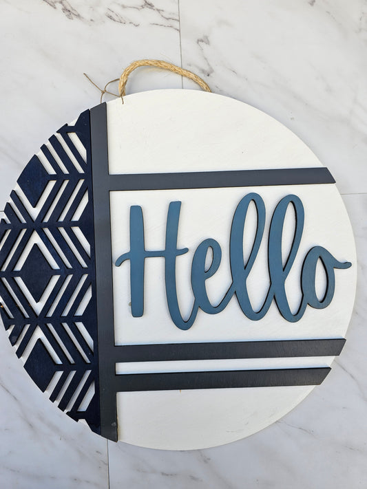 Hello Blue and Gray - Wood Door Sign - READY TO SHIP