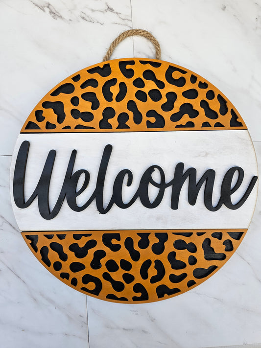 Cheetah Print Welcome - Wood Door Sign - READY TO SHIP