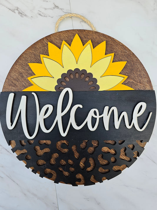 Sunflower Leopard Welcome - Wood Door Sign - READY TO SHIP