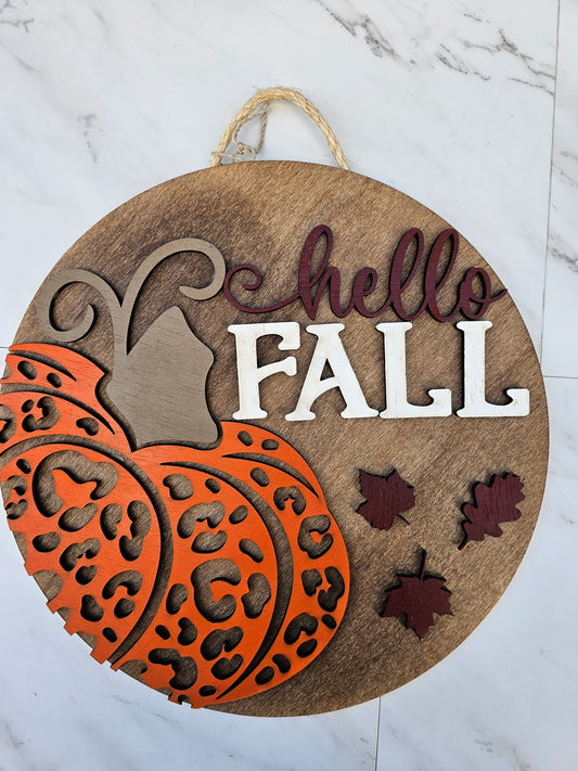 Hello Fall Leopard Pumpkin - Wood Door Sign - READY TO SHIP