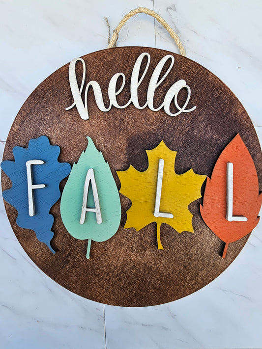 Hello Fall Colored Leaves - Wood Door Sign - READY TO SHIP