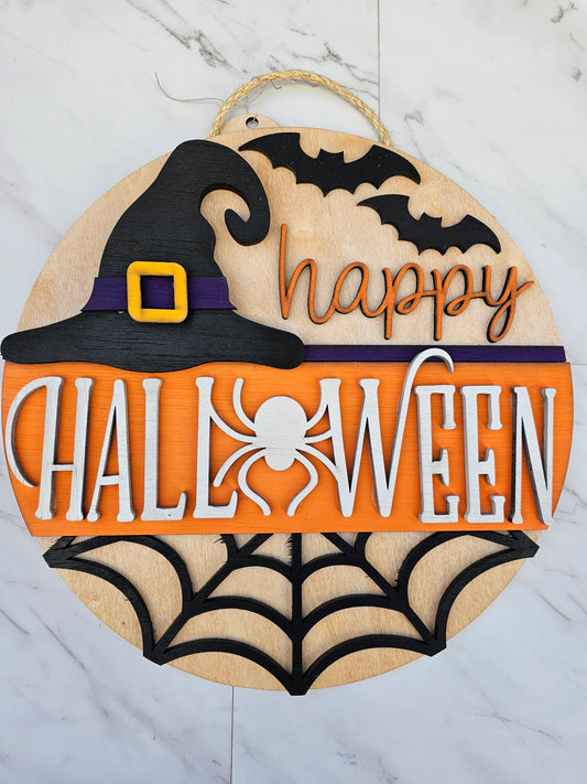 Happy Halloween Witch Hat - Wood Door Sign - READY TO SHIP
