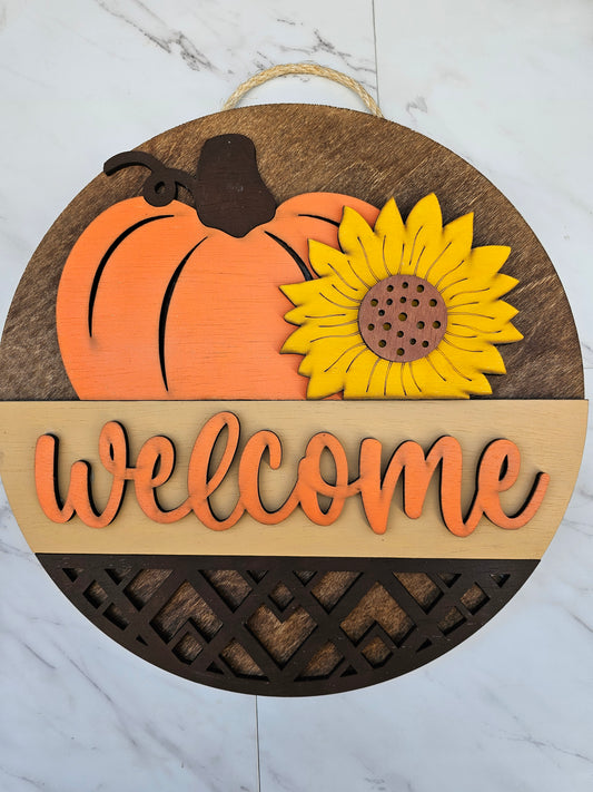 Pumpkin Sunflower Welcome - Wood Door Sign - READY TO SHIP