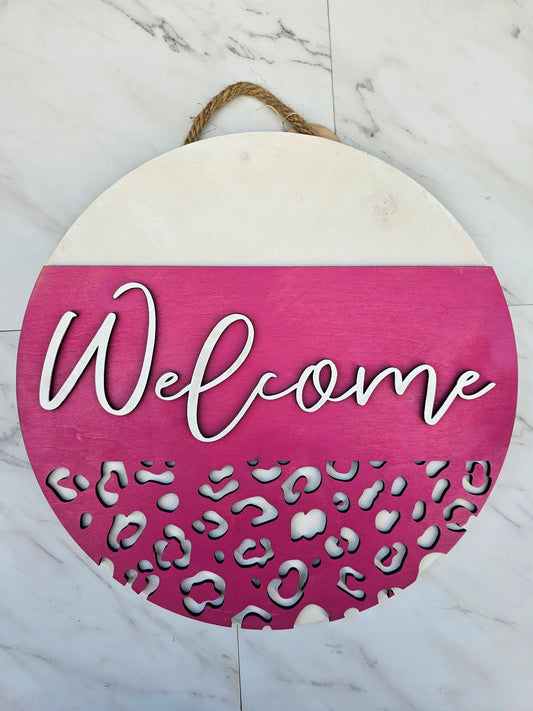 Welcome Pink Leopard - Wood Door Sign - READY TO SHIP