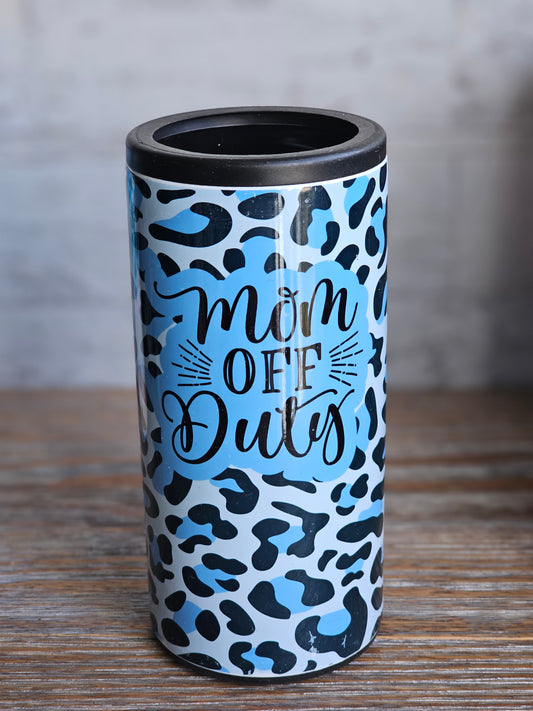 Mom Off Duty BLUE Leopard - Skinny Can Cooler
