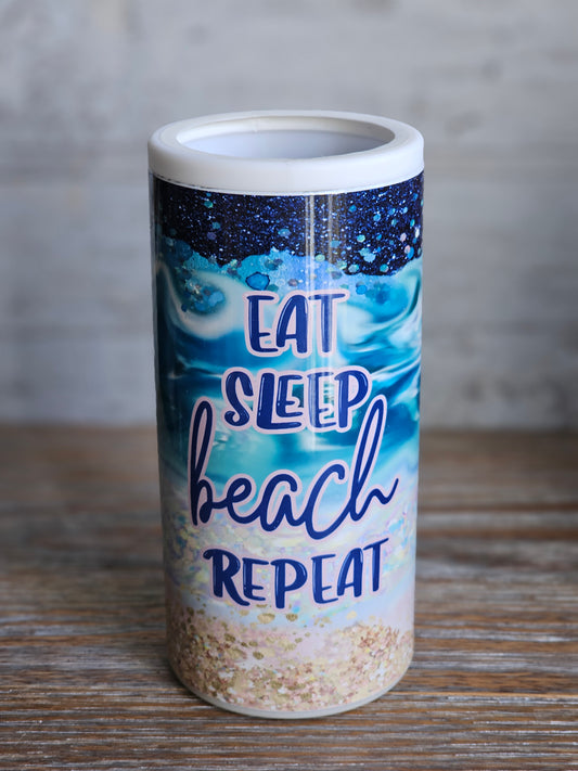 Eat Sleep Beach Repeat FAUX GLITTER - Skinny Can Cooler