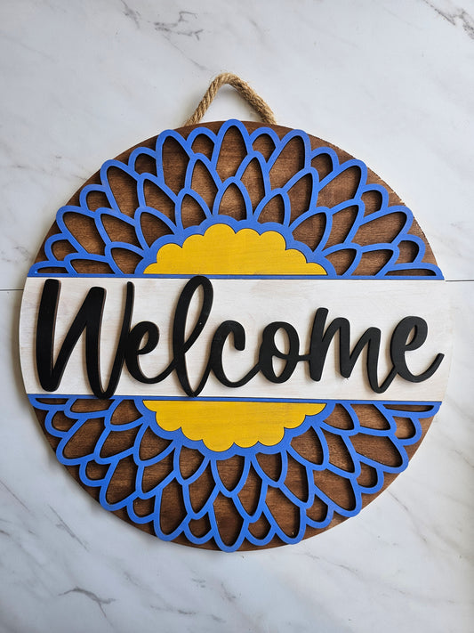 Blue Flower Welcome - Wood Door Sign - READY TO SHIP