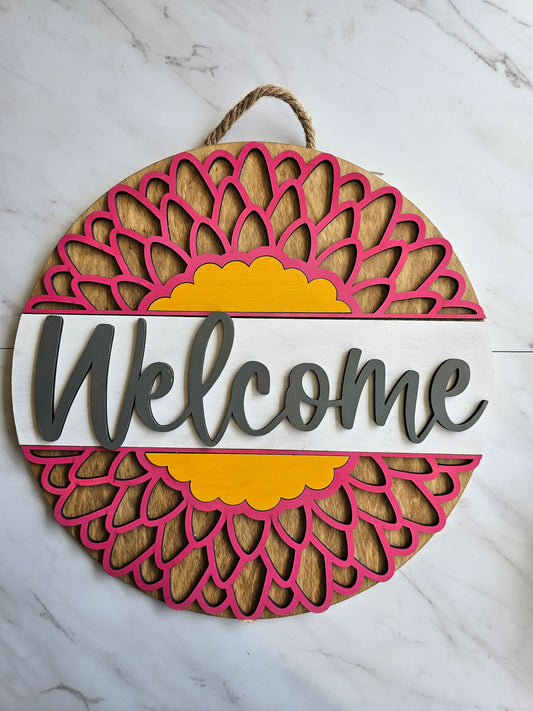 Pink Flower Welcome - Wood Door Sign - READY TO SHIP