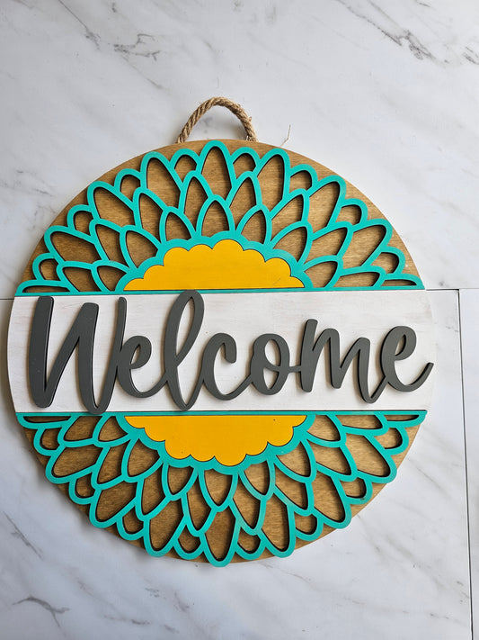 Teal Flower Welcome - Wood Door Sign - READY TO SHIP