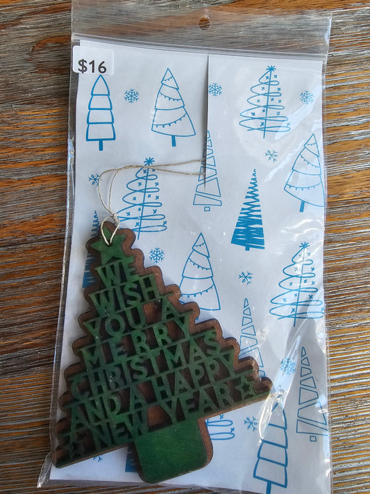We Wish You A Merry Christmas GREEN Wood Ornament - READY TO SHIP