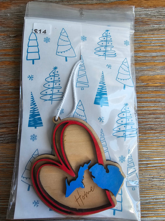 Michigan Heart Wood Ornament - READY TO SHIP