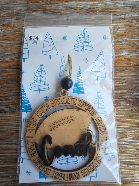Football Coach BLACK Wood Ornament - READY TO SHIP