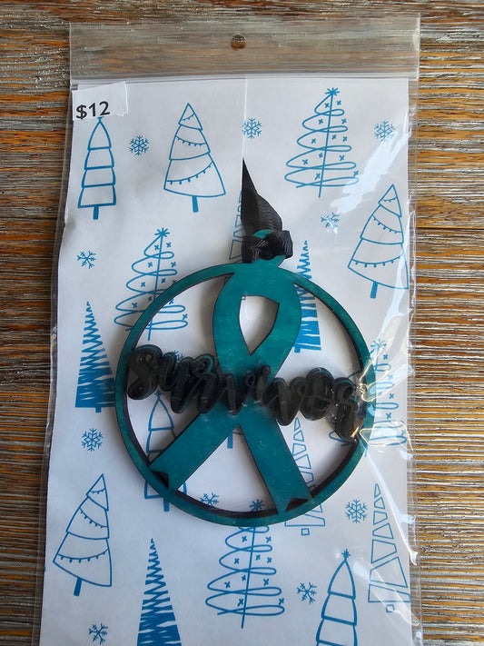 Teal Ribbon SURVIVOR Wood Ornament - READY TO SHIP