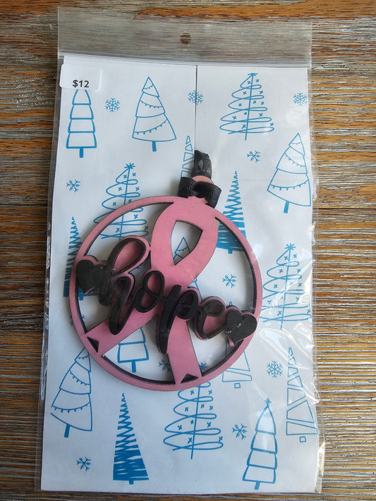 Breast Cancer HOPE Pink Ribbon Wood Ornament - READY TO SHIP