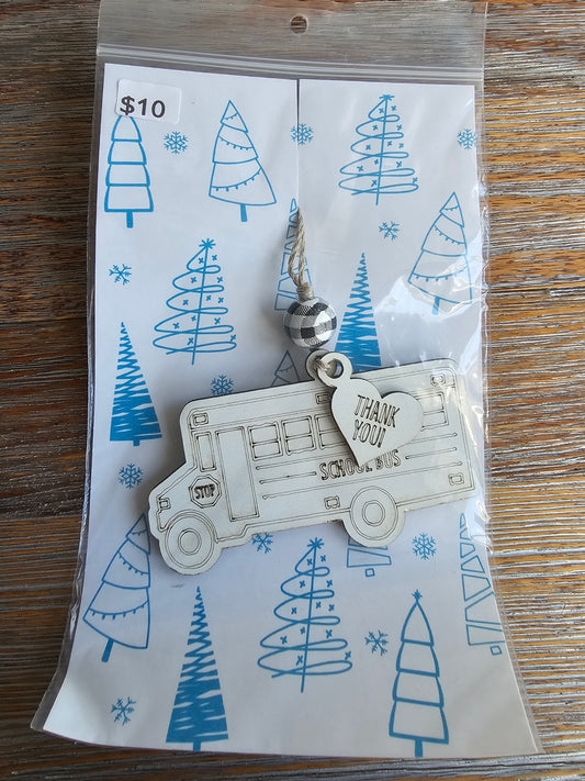 School Bus Thank You White Wood Ornament - READY TO SHIP