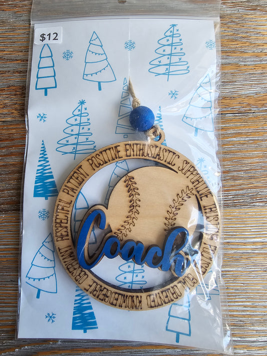 Baseball Coach BLUE Wood Ornament - READY TO SHIP