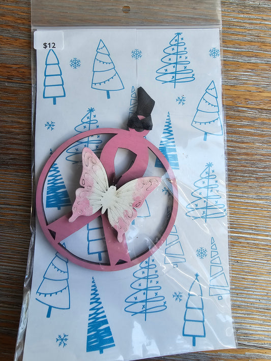 Pink Ribbon Butterfly Wood Ornament - READY TO SHIP