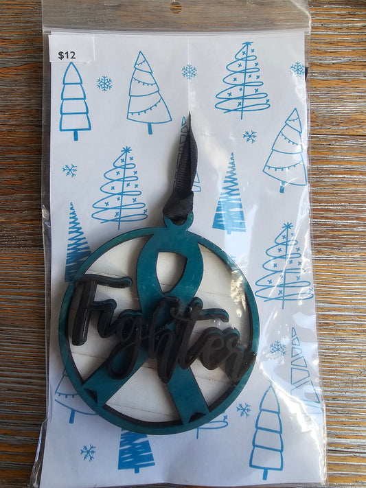 Teal Ribbon FIGHTER Wood Ornament - READY TO SHIP