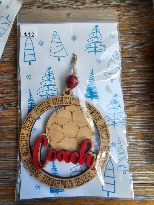 Soccer Coach RED Wood Ornament - READY TO SHIP