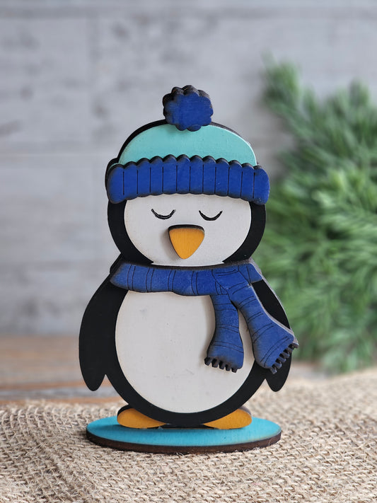 Penguin Shelf Sitter - Hand-Painted Wood Winter Figurine