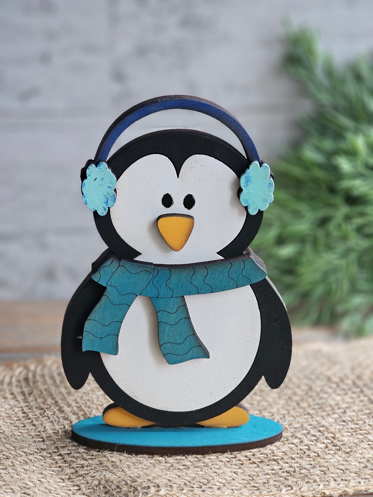 Penguin with Earmuffs Shelf Sitter - Hand-Painted Wood Winter Figurine