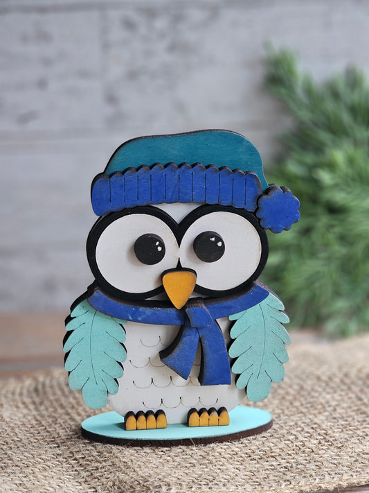 Owl Shelf Sitter - Hand-Painted Wood Winter Figurine