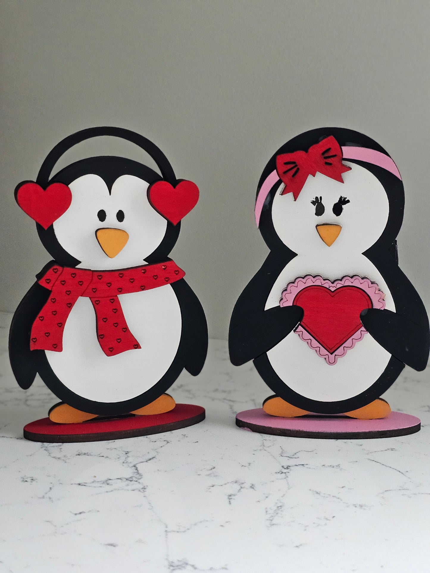 Valentine's Day Penguin Holding Heart - Wood Shelf Sitter
