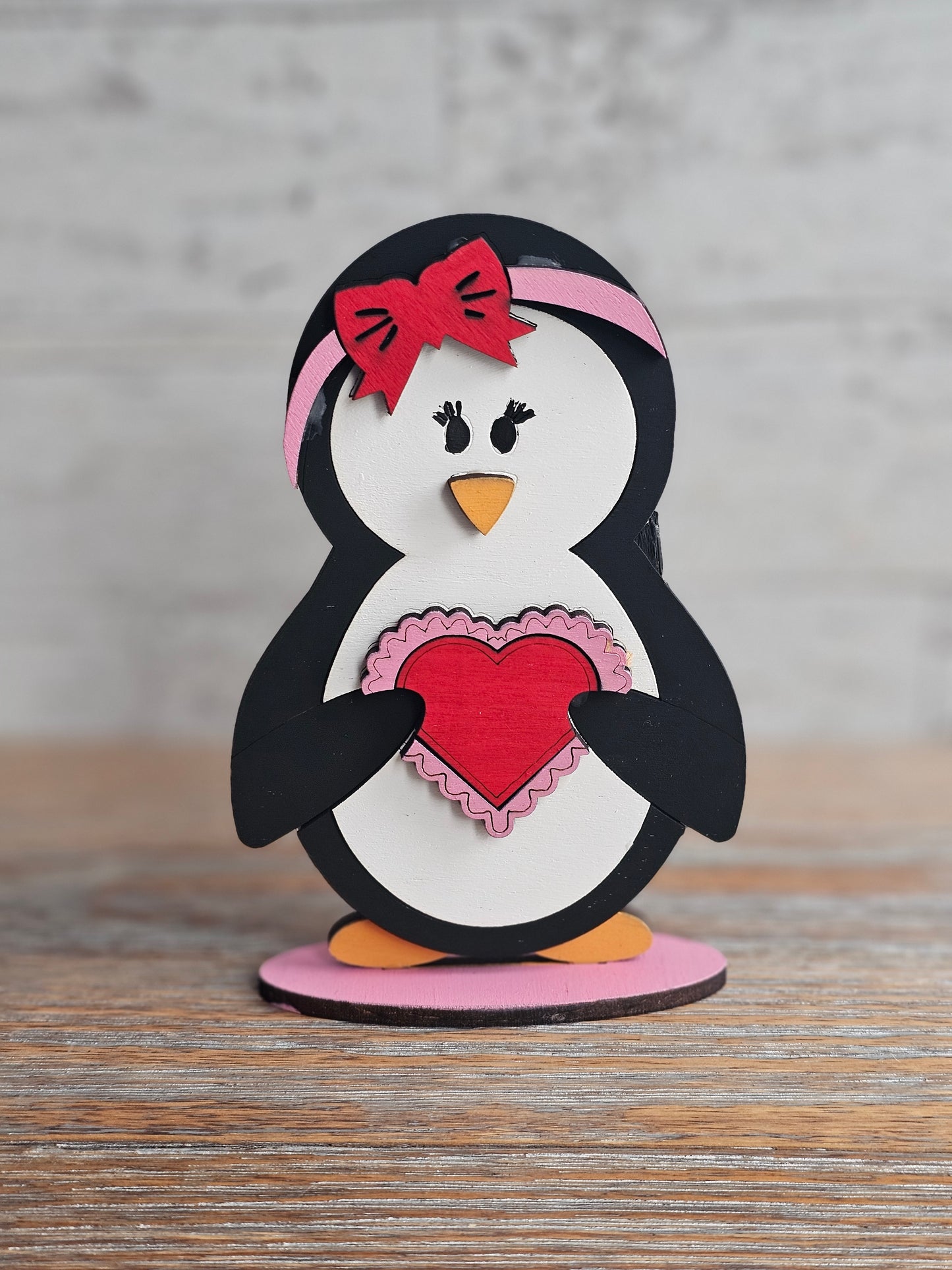 Valentine's Day Penguin Holding Heart - Wood Shelf Sitter