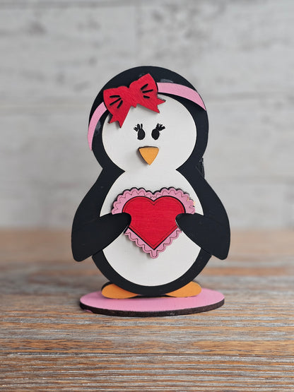 Valentine's Day Penguin Holding Heart - Wood Shelf Sitter