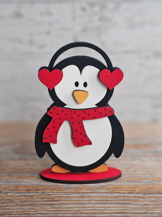 Valentine's Day Penguin with Heart Earmuffs - Wood Shelf Sitter