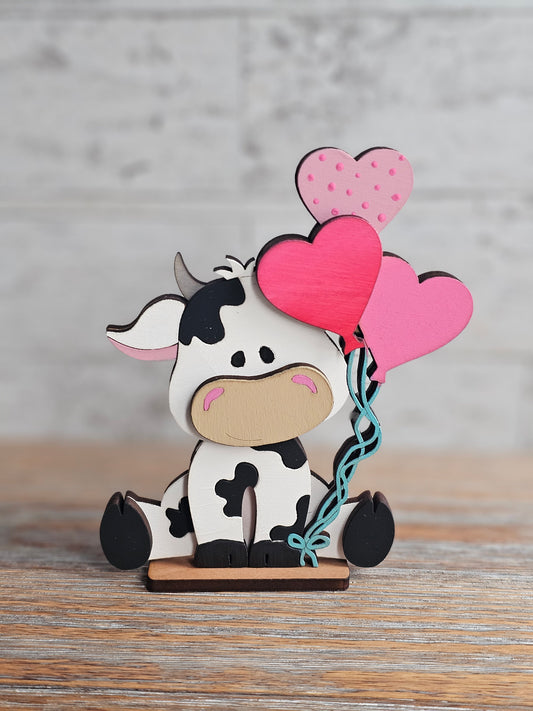Valentine's Day Cow with Heart Balloons Wood Shelf Sitter - Valentine's Day Decor