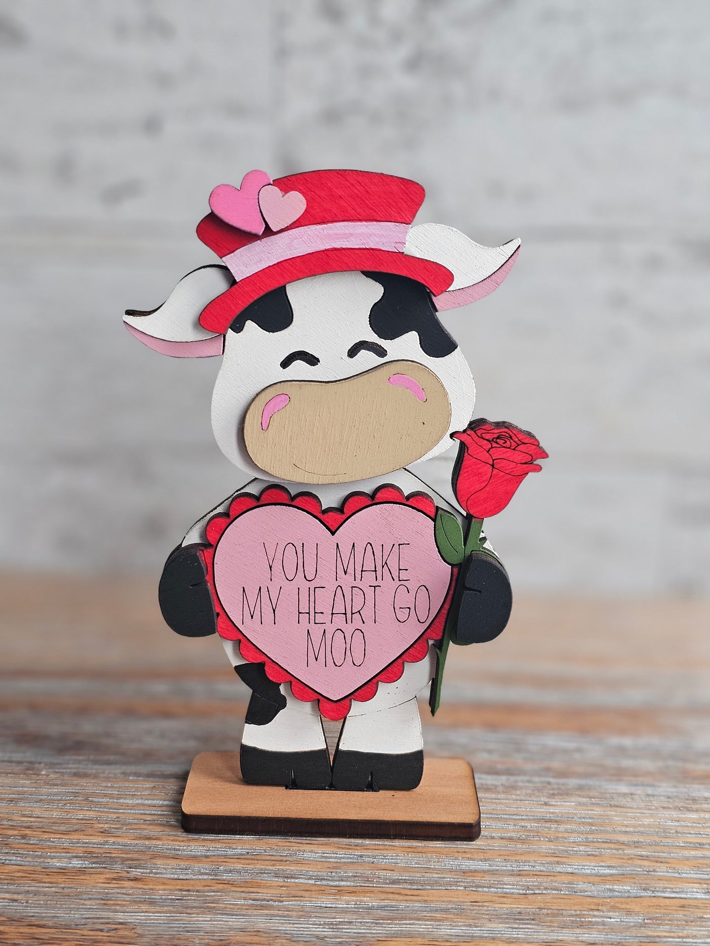 Valentine's Day Cow with Rose Wood Shelf Sitter - Valentine's Day Decor